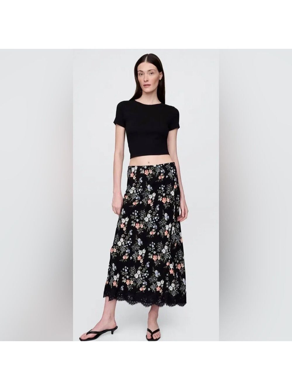 Gap Crepe Lace-Trim Ditsy Floral Print Maxi Skirt NWT M Dark Romantic Whimsical